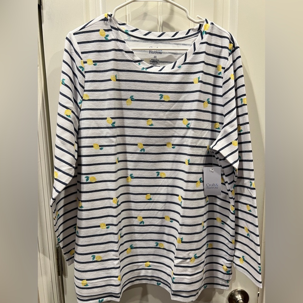 Croft & Barrow Lemon Navy Blue Striped French Terry Sweatshirt Sz XXL NWT